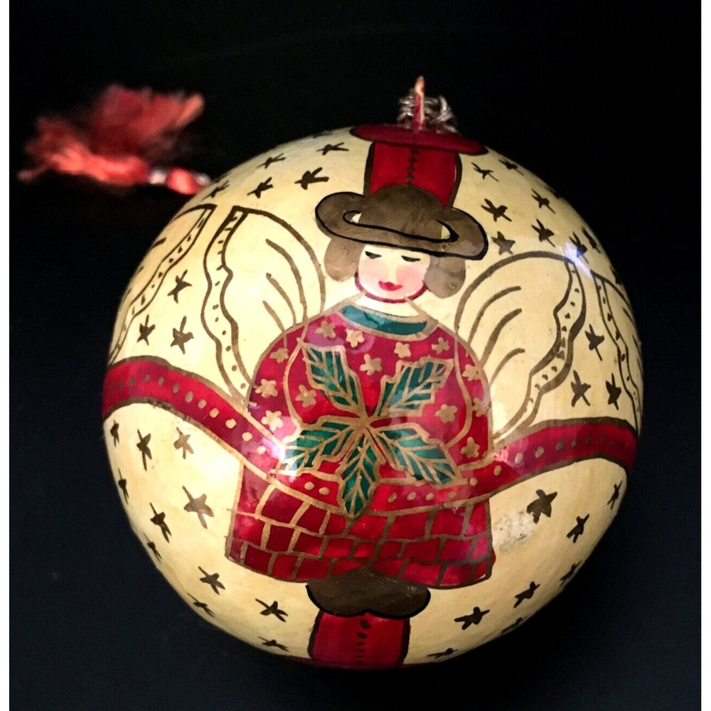 Papier Mache Hand Painted Christmas Ball Ornament Detailed Angels Made In India